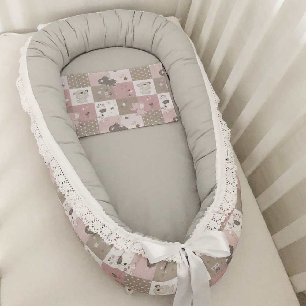 Babynest rosa/grå spets